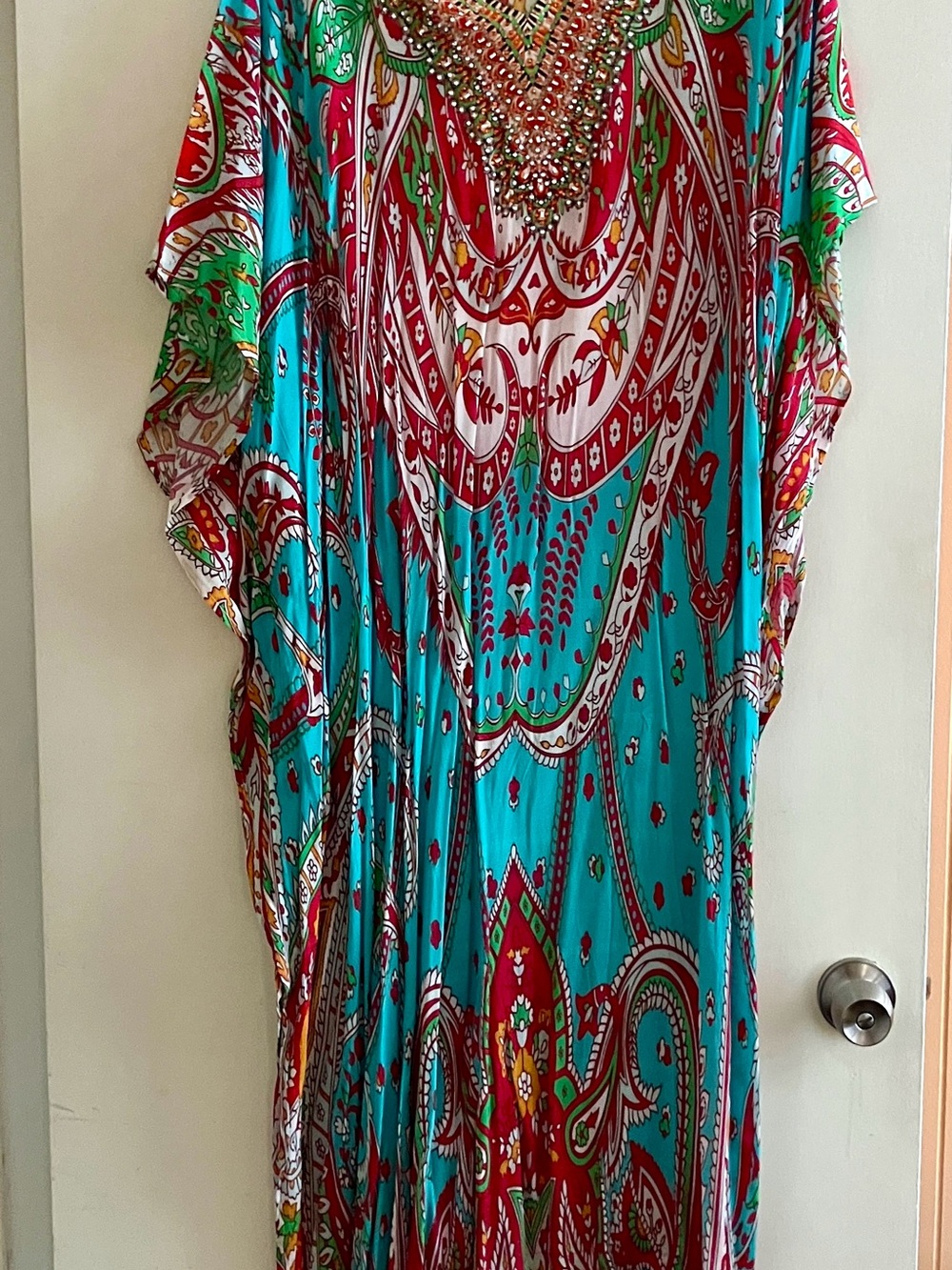 Vibrant Turquoise & Red Beaded Kaftan